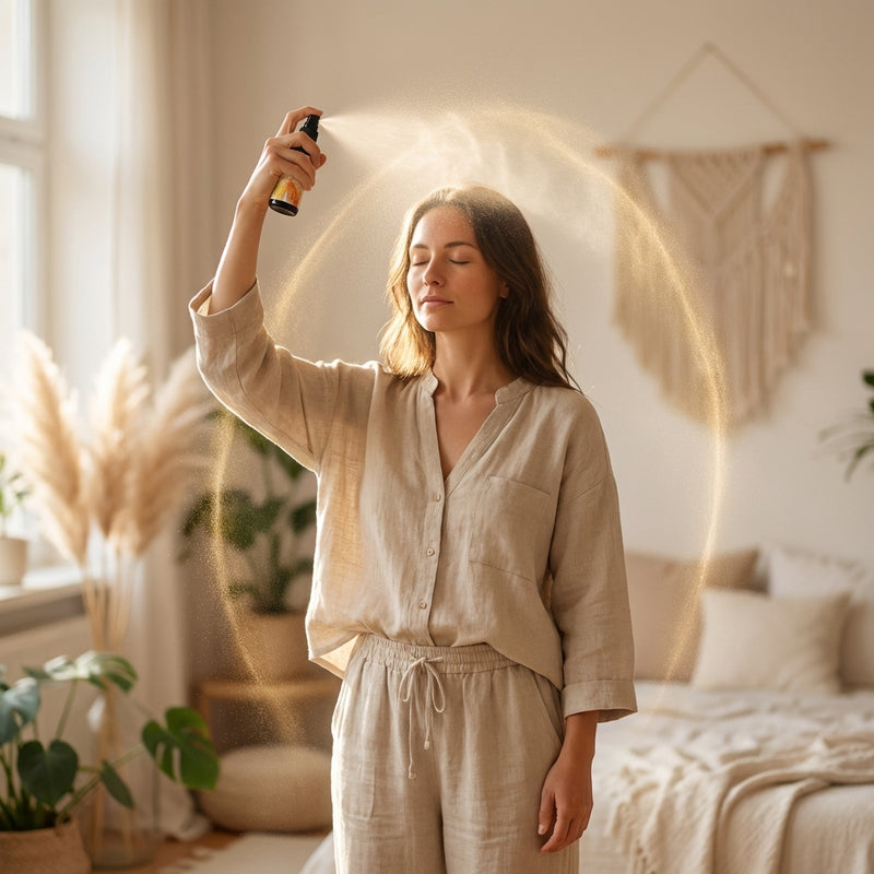 Sprühen – Gib 2-5 Sprühstöße in deine Aura (über den Kopf und um die Schultern)